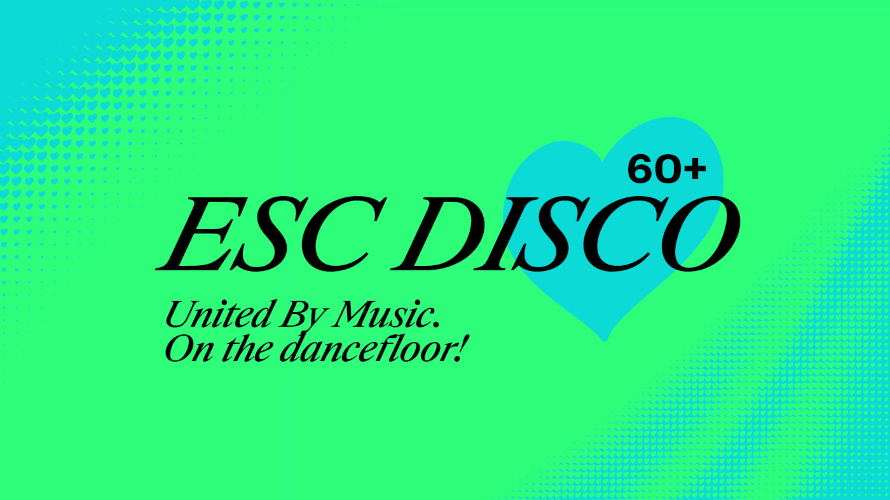 ESC Disco 60+ Keyvisual en vert fluo et bleu fluo