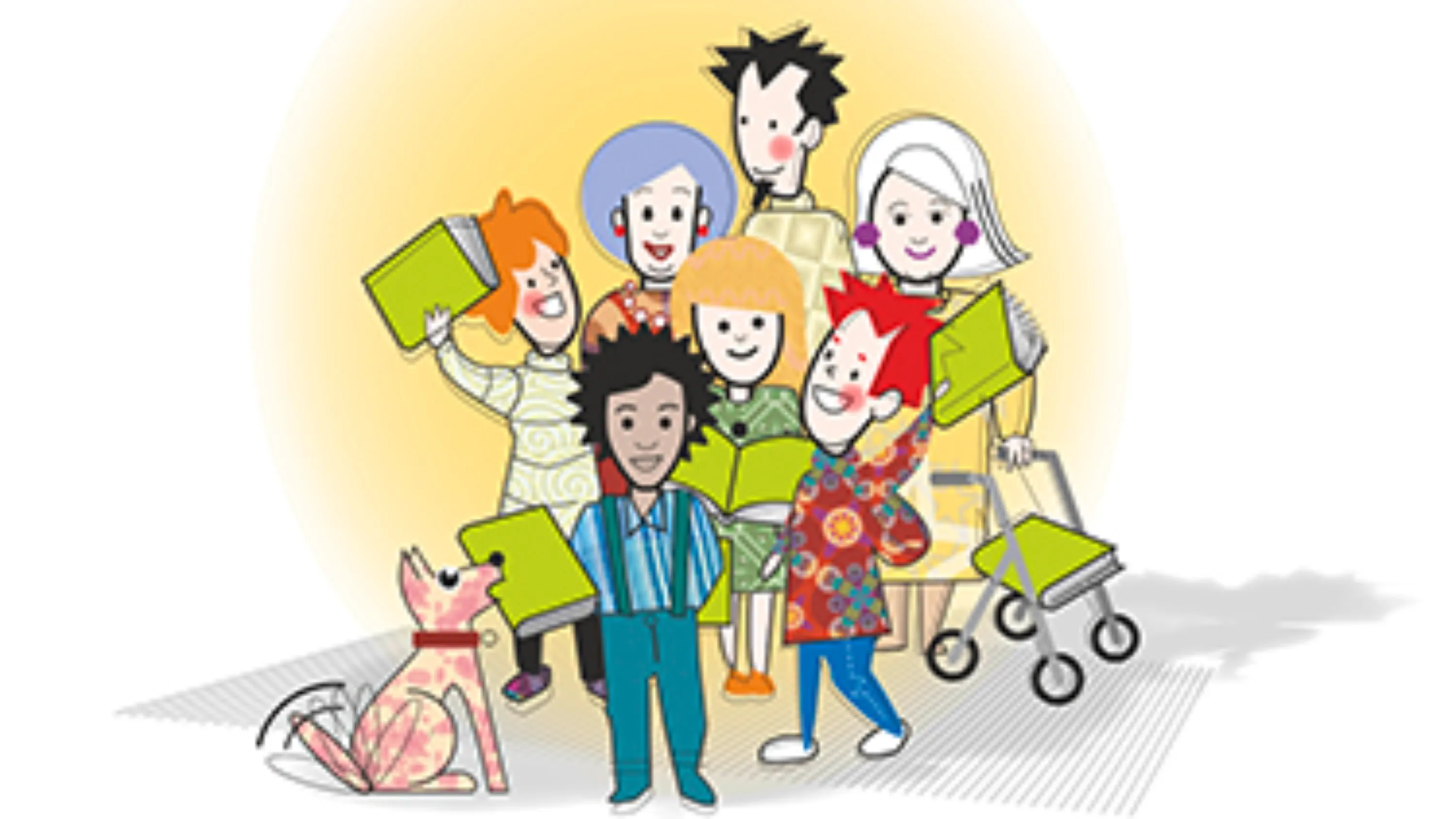 Eine Kinderzeichnung mit Kindern, Jugendlichen und älteren Menschen, die Bücher in den Händen halten.