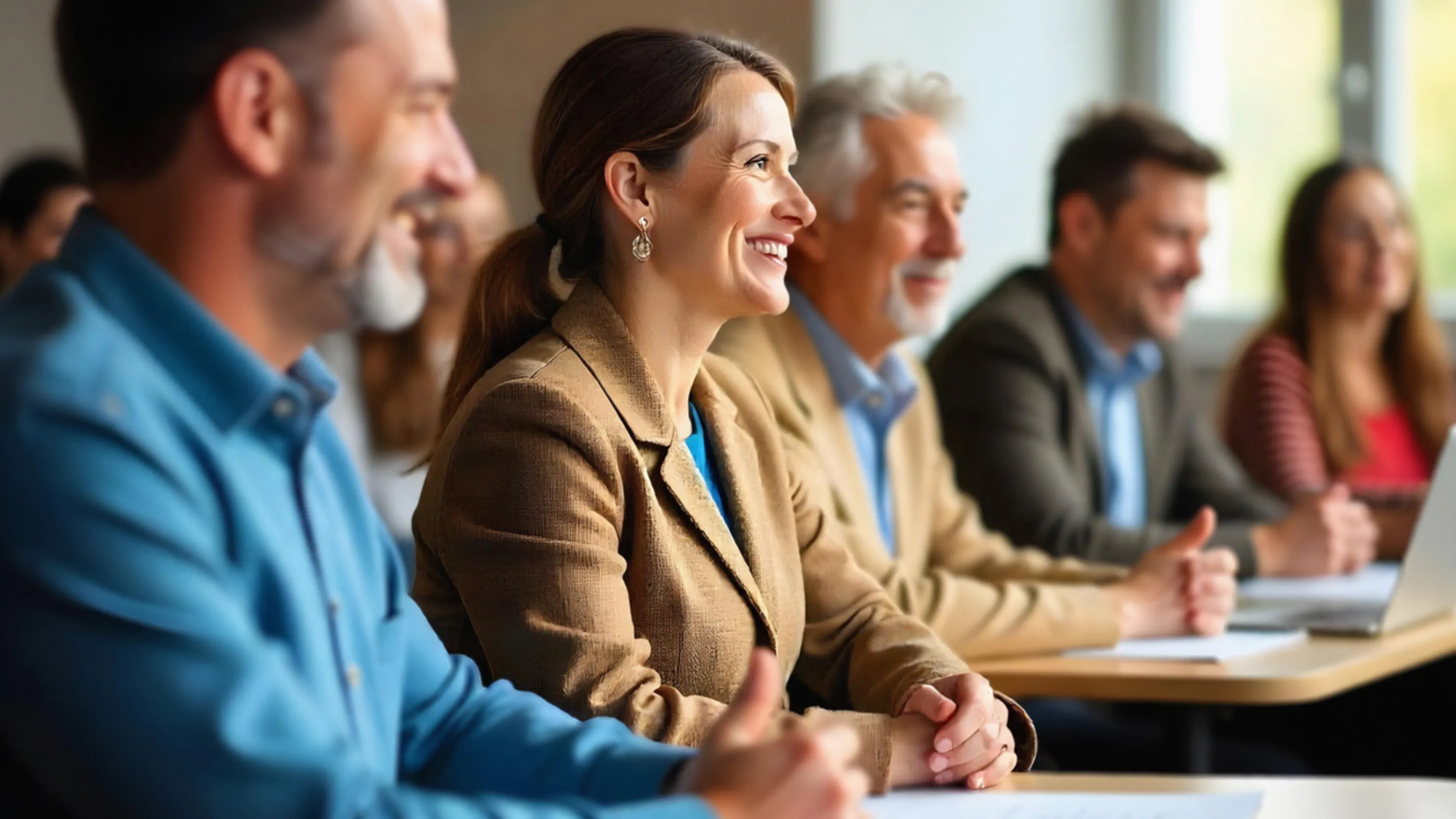 Un gruppo di persone è seduto ai banchi nell’ambito di una formazione continua.