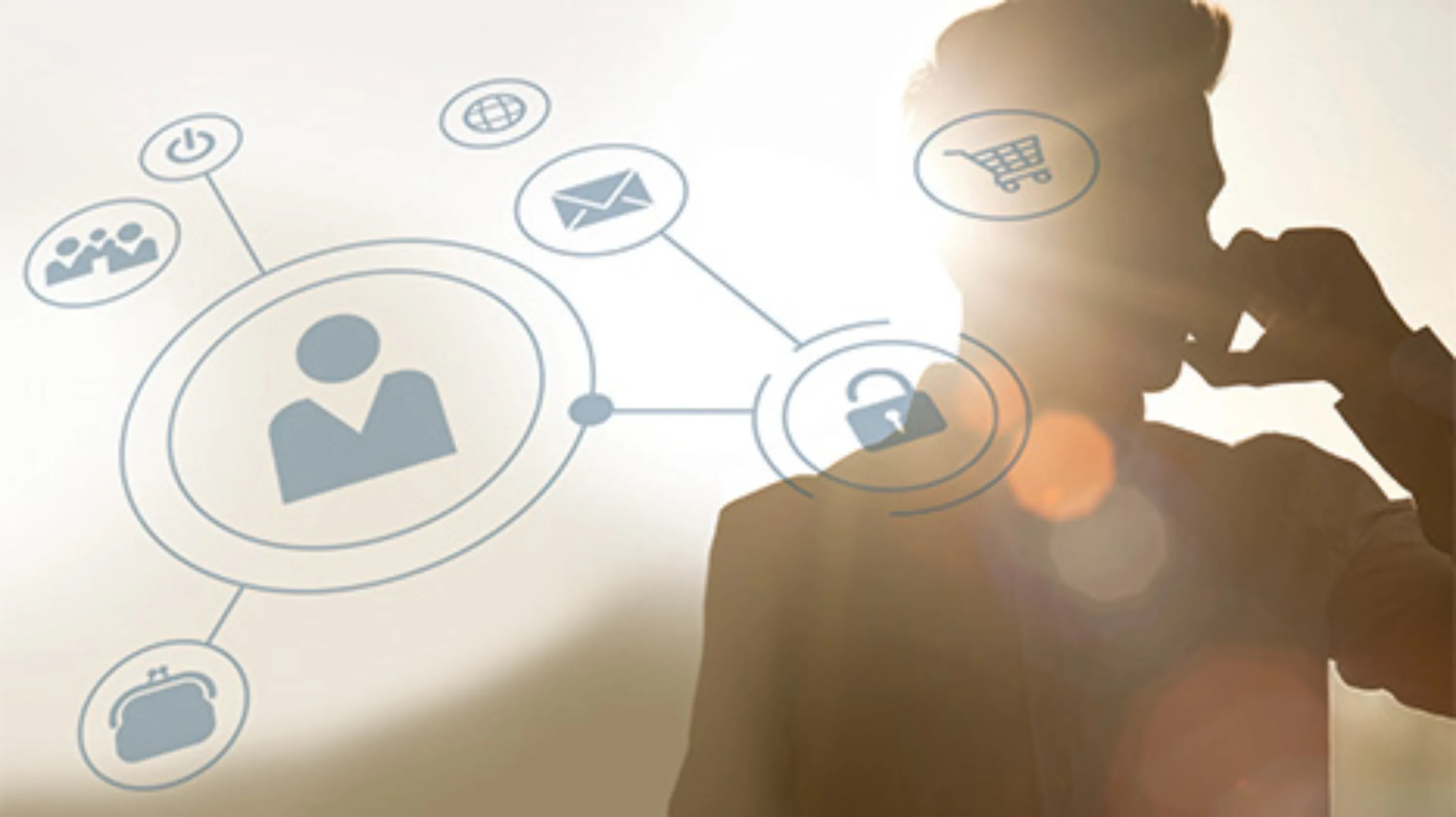 Image générée par informatique représentant un réseau informatique, avec en arrière-plan un homme au téléphone.